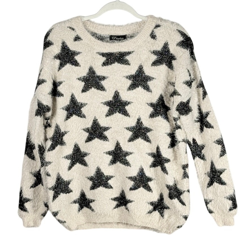 Fuzzy Star print New Eyelash Knit Sweater Metallic Shimmer Ivory sz M celestial
